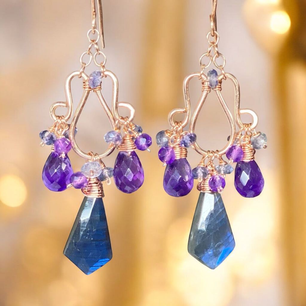 Blue Labradorite and Amethyst Handmade Chandelier Earrings, Rose Gold Fill