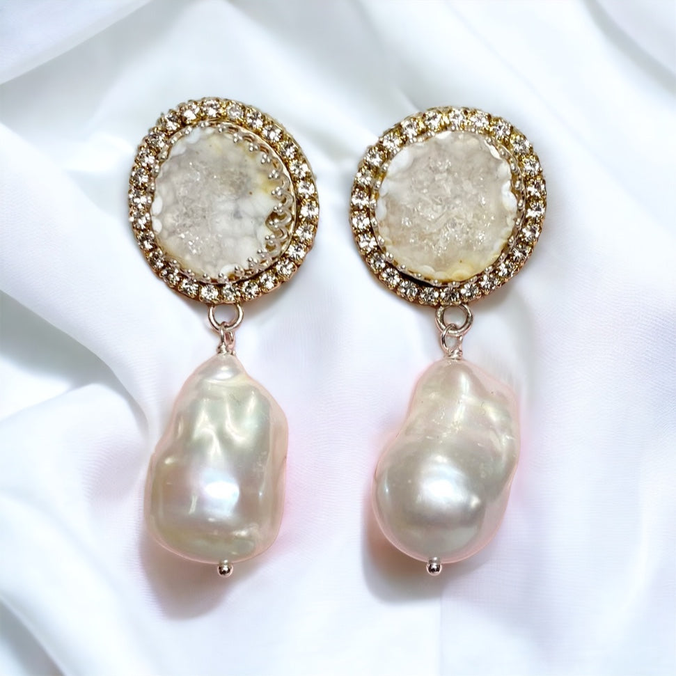 Handmade Ivory White Tabasco Geode Wedding Earrings Post with Baroque Pearl Drops