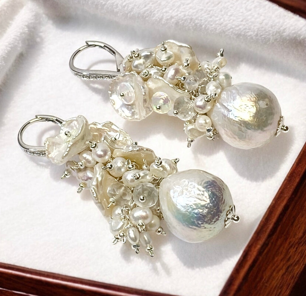 Baroque Pearl Cluster Bridal Earrings White Keishi and Opal Cascade