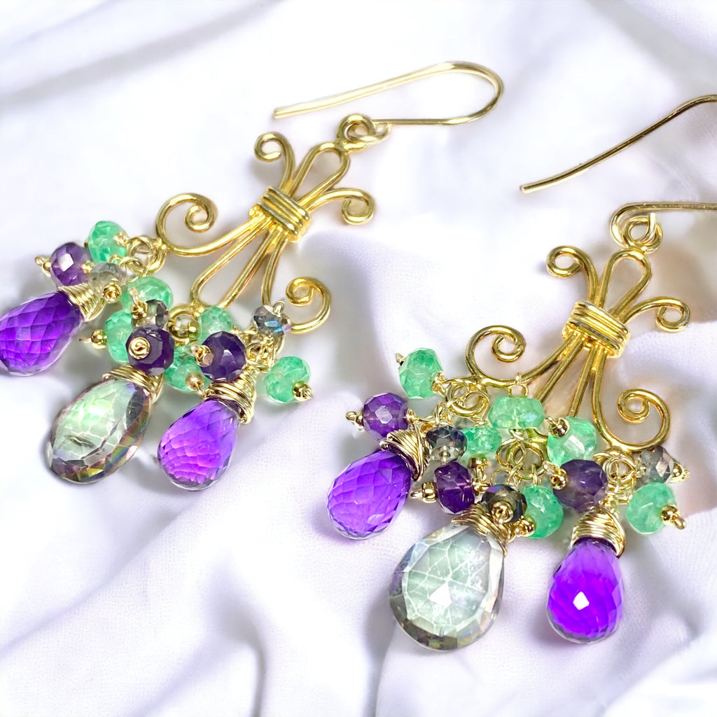 Mystic Topaz Chandelier Earrings in Gold Fill with Amethyst, Green Topaz