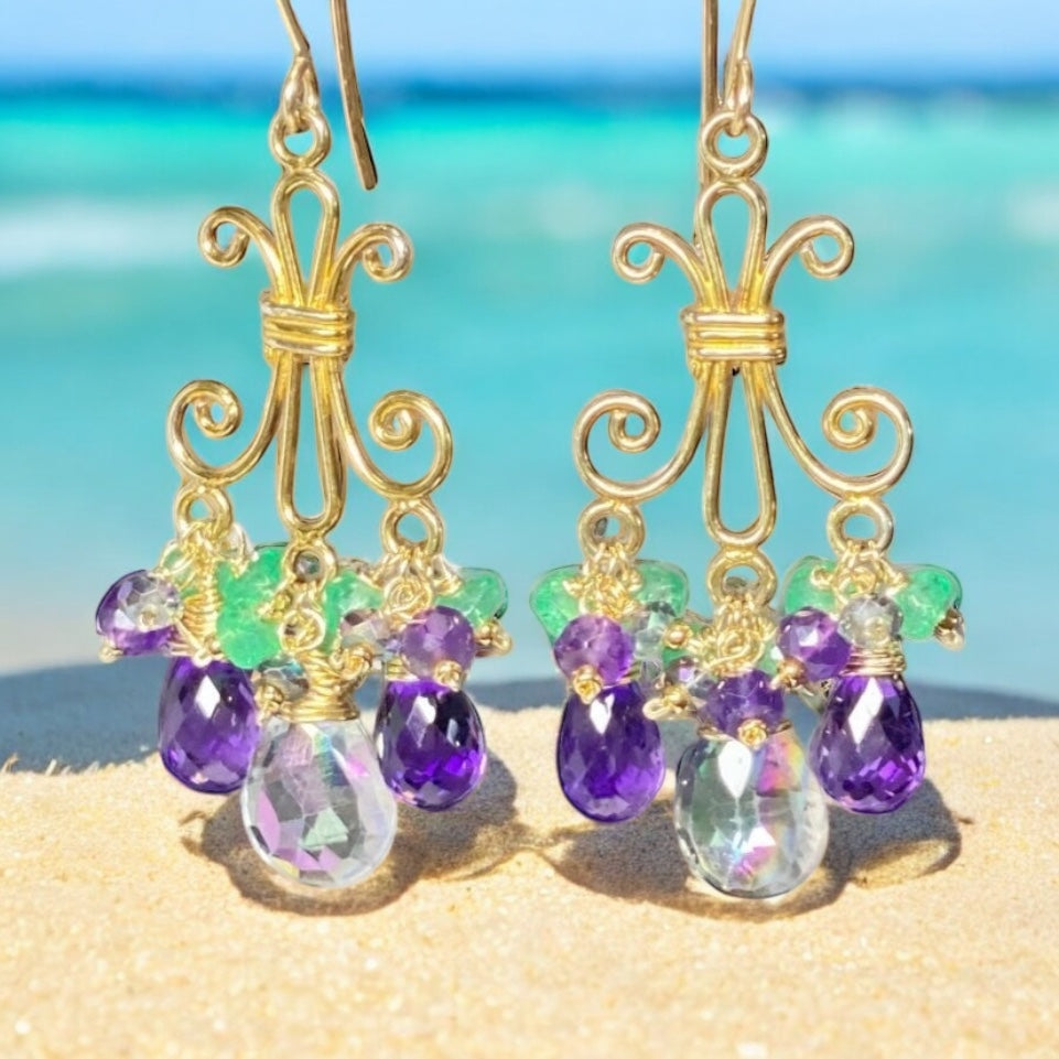 Mystic Topaz Chandelier Earrings in Gold Fill with Amethyst, Green Topaz