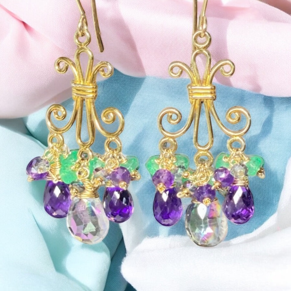 Mystic Topaz Chandelier Earrings in Gold Fill with Amethyst, Green Topaz