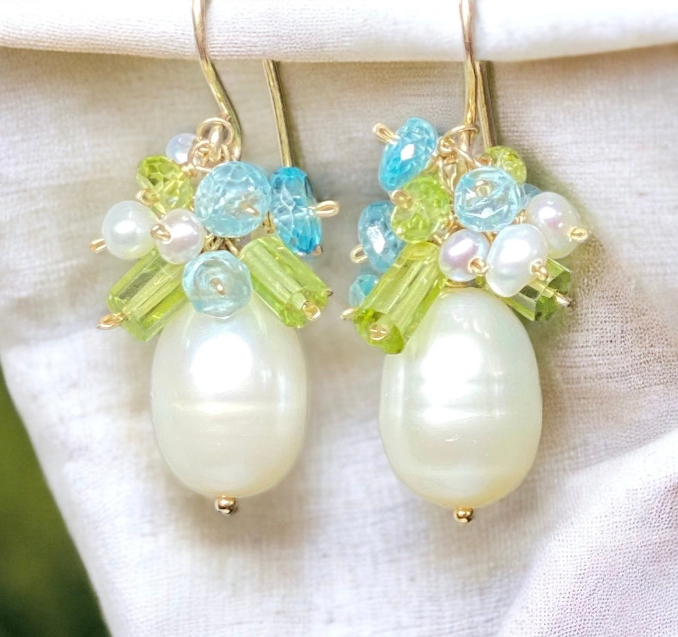 Pearl and Peridot, Blue Zircon Cluster Earrings Gold Fill