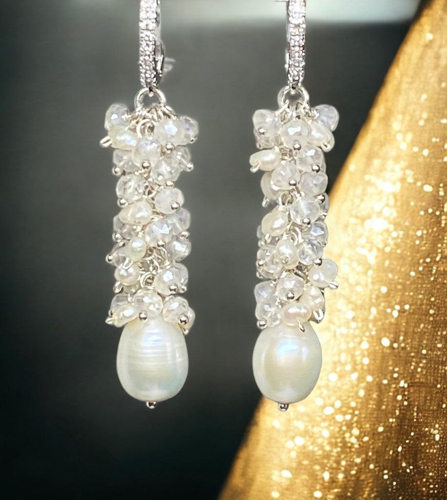 mystic crystal quartz and pearl long wedding earrings