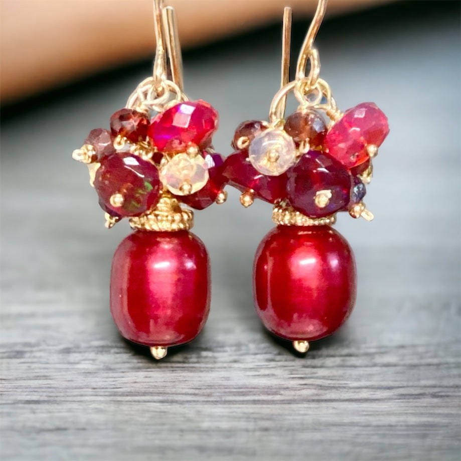 burgundy red heat treated pearl cluster earrings