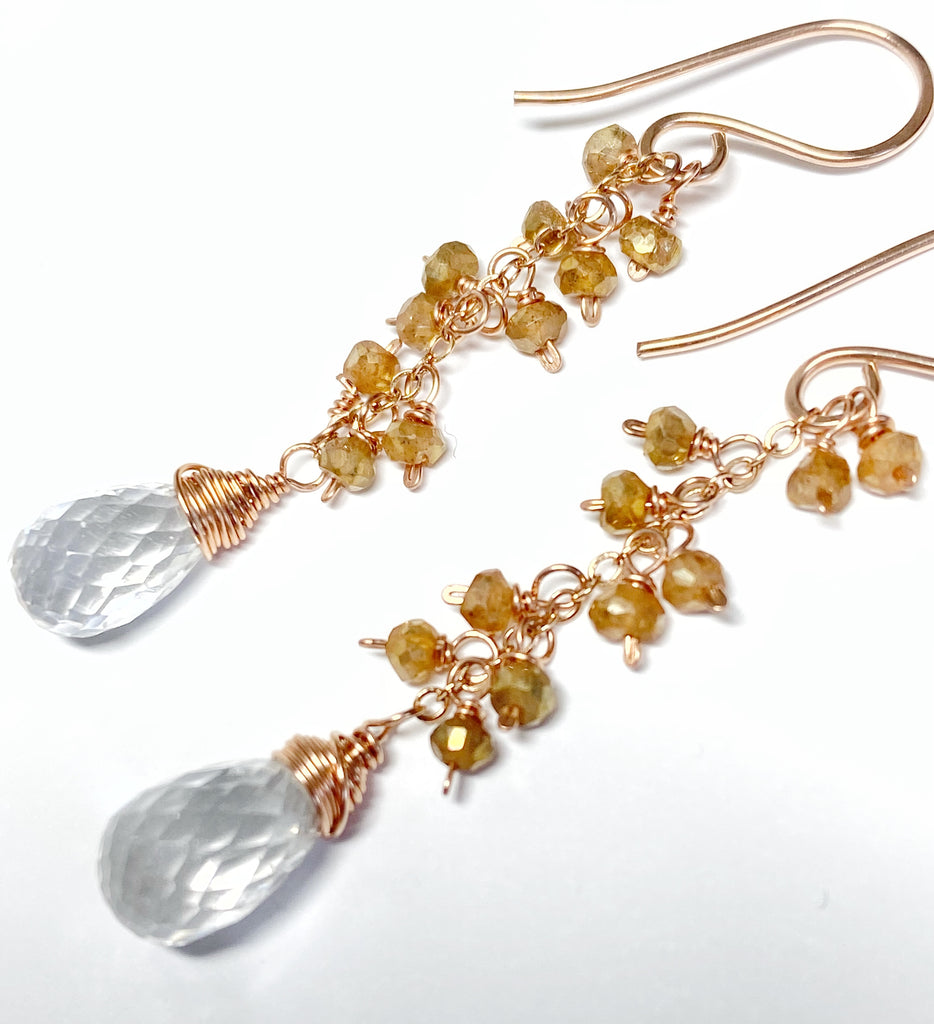 Crystal Quartz Rose Gold Gemstone Dangle Earrings with Gold Labradorite