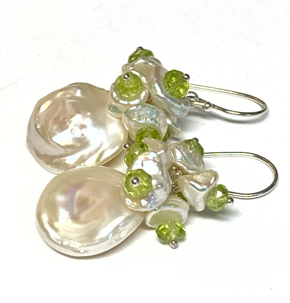 Keishi Pearl and Peridot Gemstone Cluster Earrings