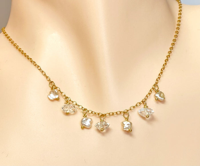 Dainty Gold Filled Choker Necklace with Herkimer Diamonds and Keishi Pearls