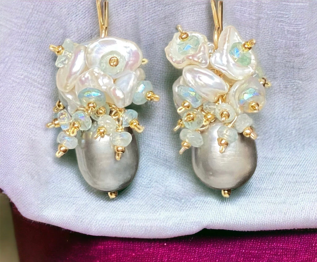 Silver Gray Pearl and Keishi Pearl Cluster Earrings with Aquamarine