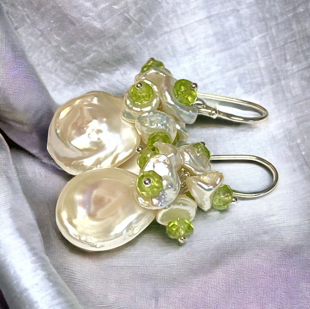 Keishi Pearl and Peridot Gemstone Cluster Earrings