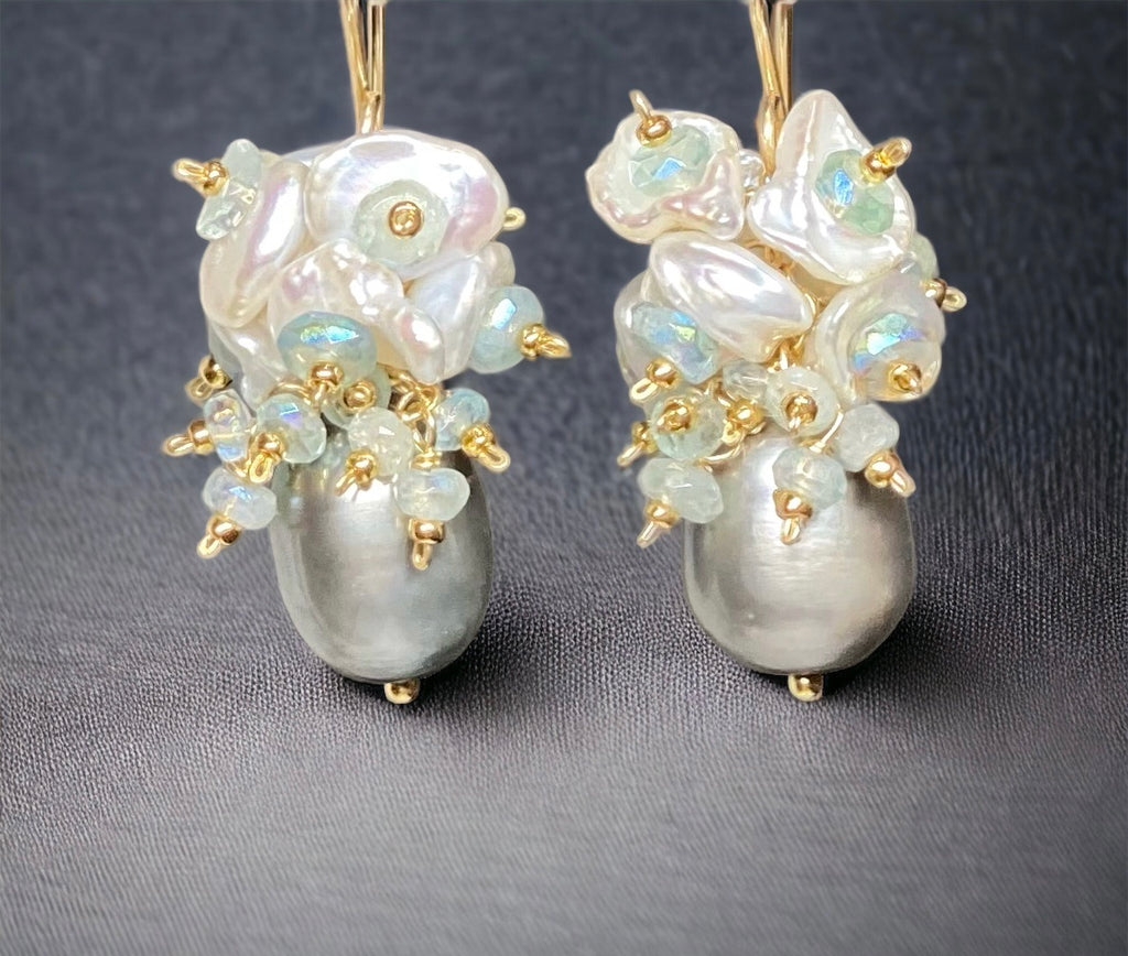 Silver Gray Pearl and Keishi Pearl Cluster Earrings with Aquamarine