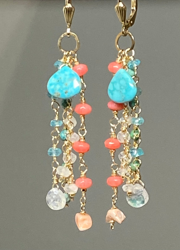 Wire wrapped gold fill dangle earrings of turquoise, coral, apatite, moonstone for women