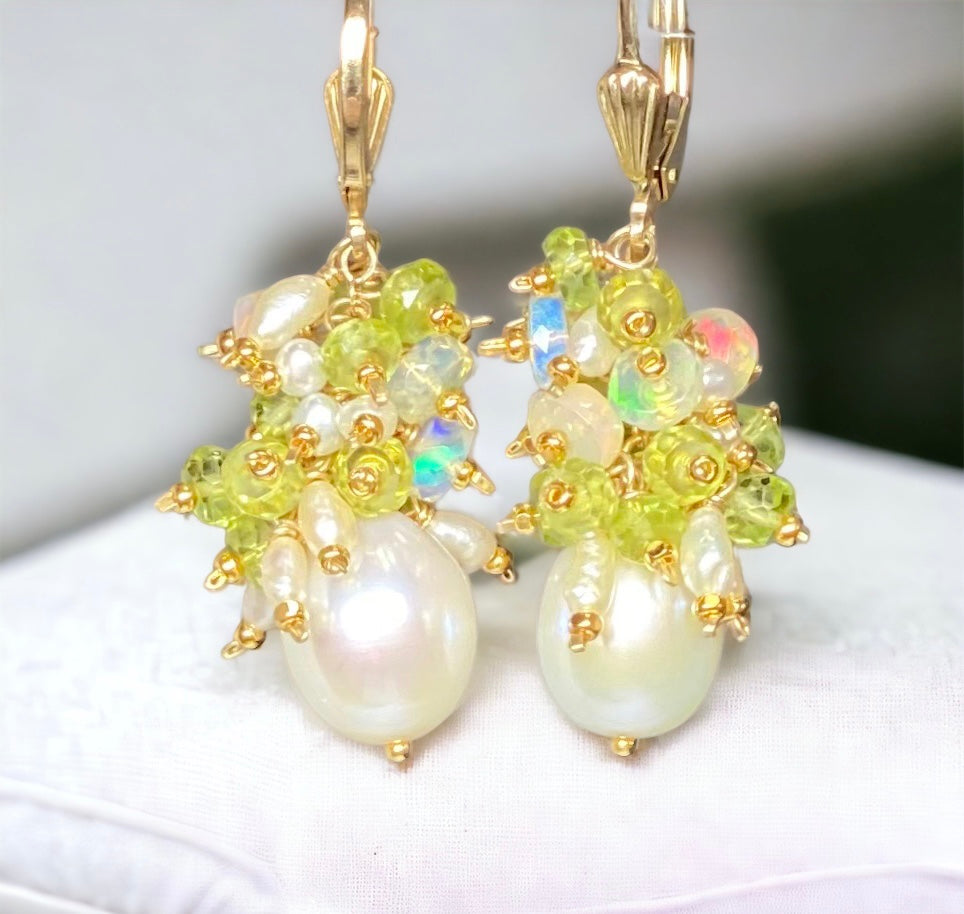 Peridot, Opal, Pearl Cluster Earrings Gold Fill