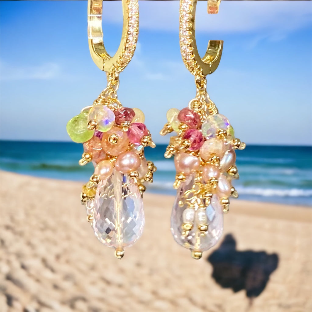 pink wedding earrings with multi gemstone clusters