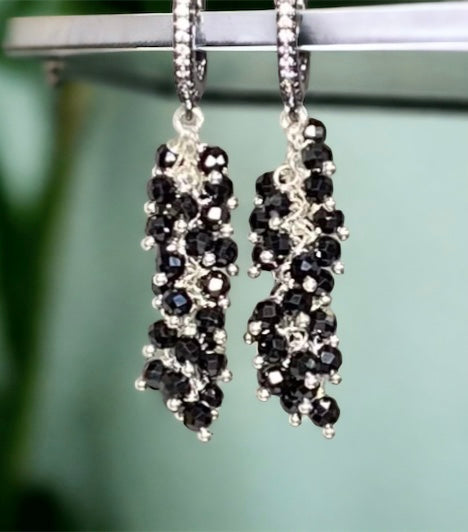 black and sterling silver cluster dangle earrings