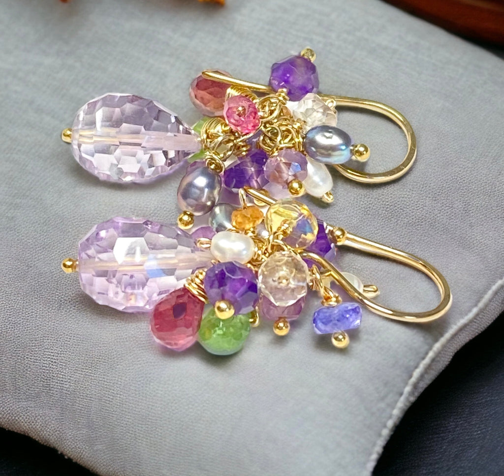 PInk Amethyst Multi Gemstone Cluster Dangle Earrings