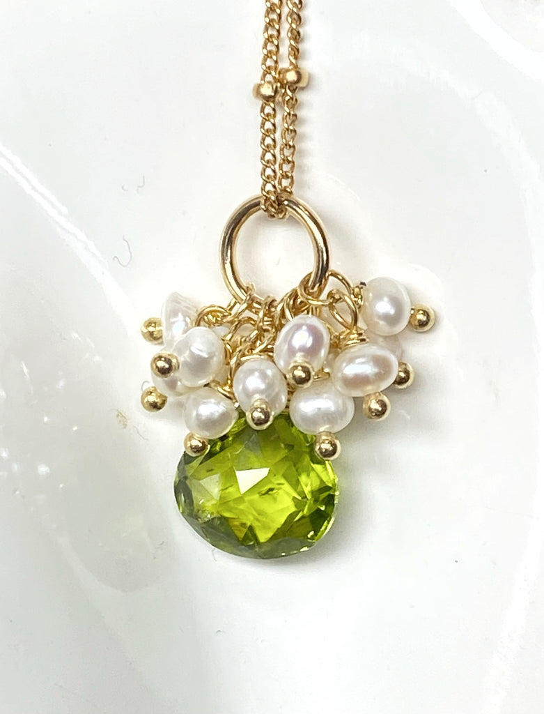 Peridot Gemstone Pendant Gold Fill with Pearl Clusters