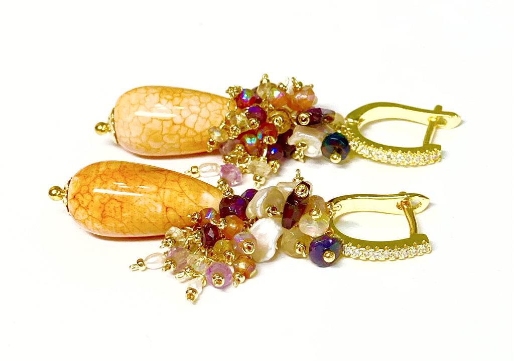 Fire Agate Drop and Gemstone Cluster Earrings Gold Fill