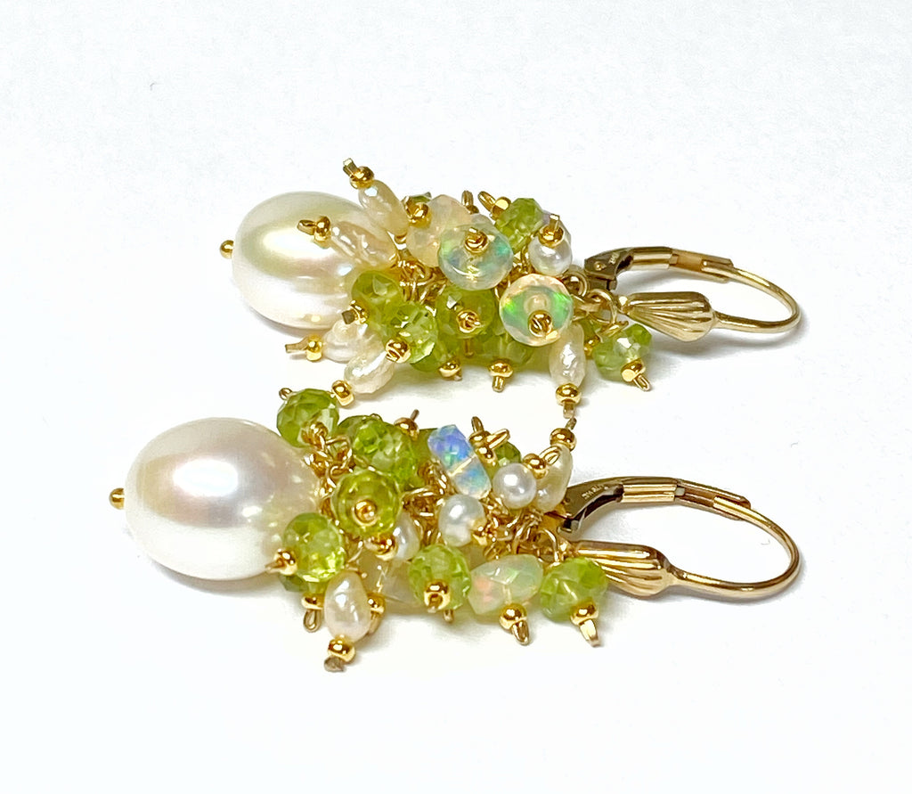 Peridot, Opal, Pearl Cluster Earrings Gold Fill