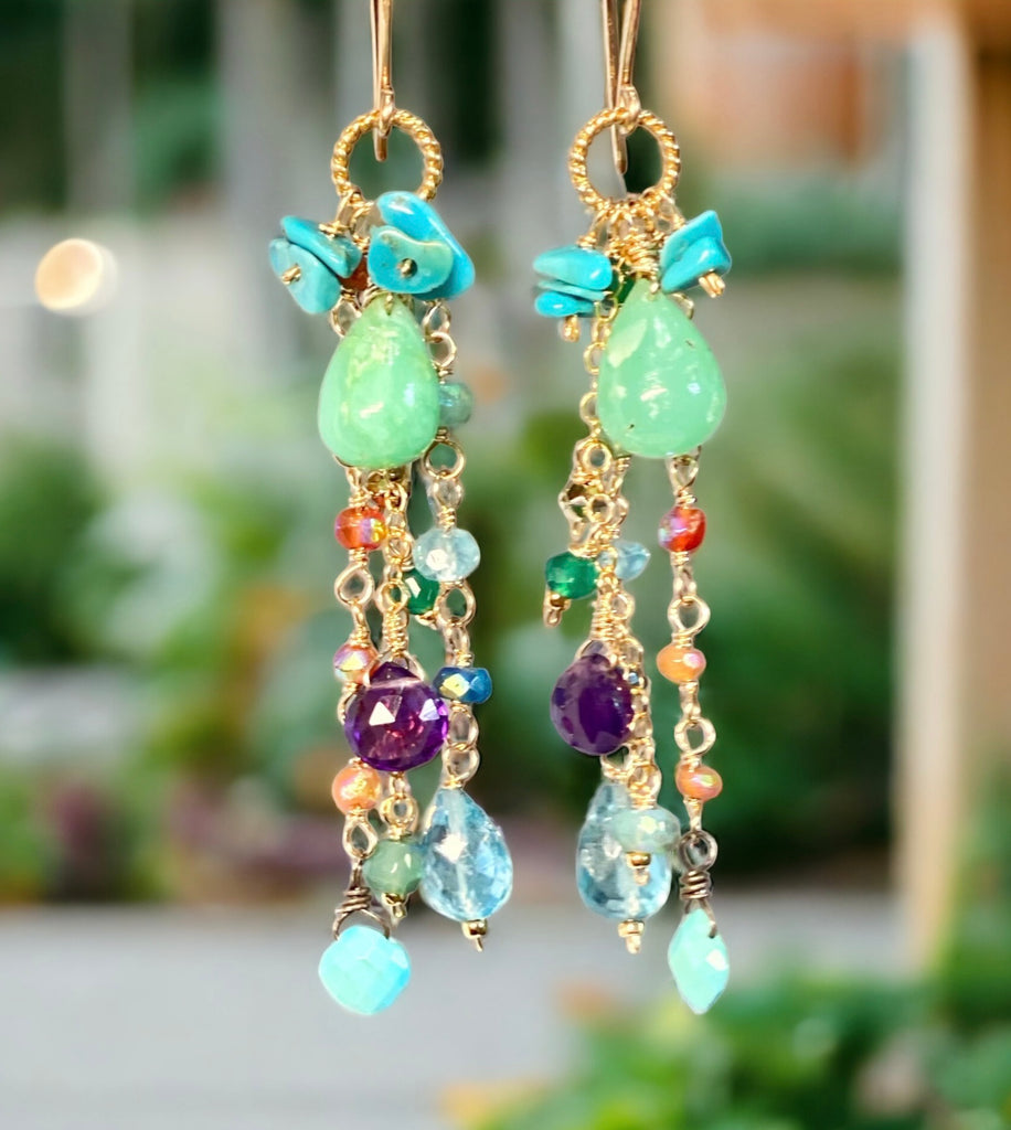 chrysoprase and multi gemstone wire wrapped dangle earrings with amethyst, apatite, turquoise and mystic gemstones