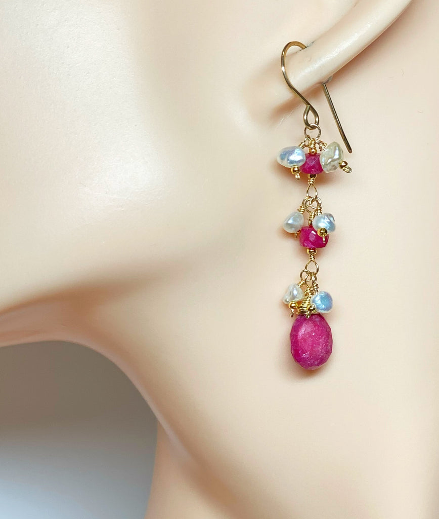 Ruby Dangle Earrings with Pearls Gold Fill