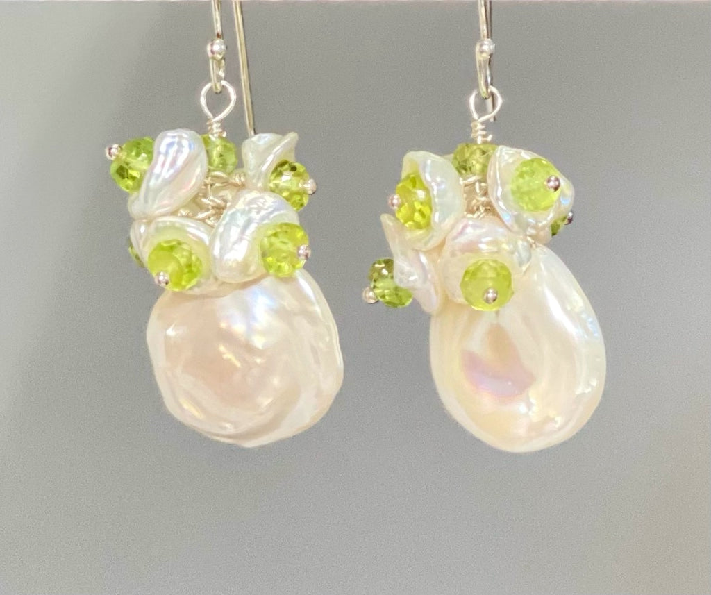 Keishi Pearl and Peridot Gemstone Cluster Earrings