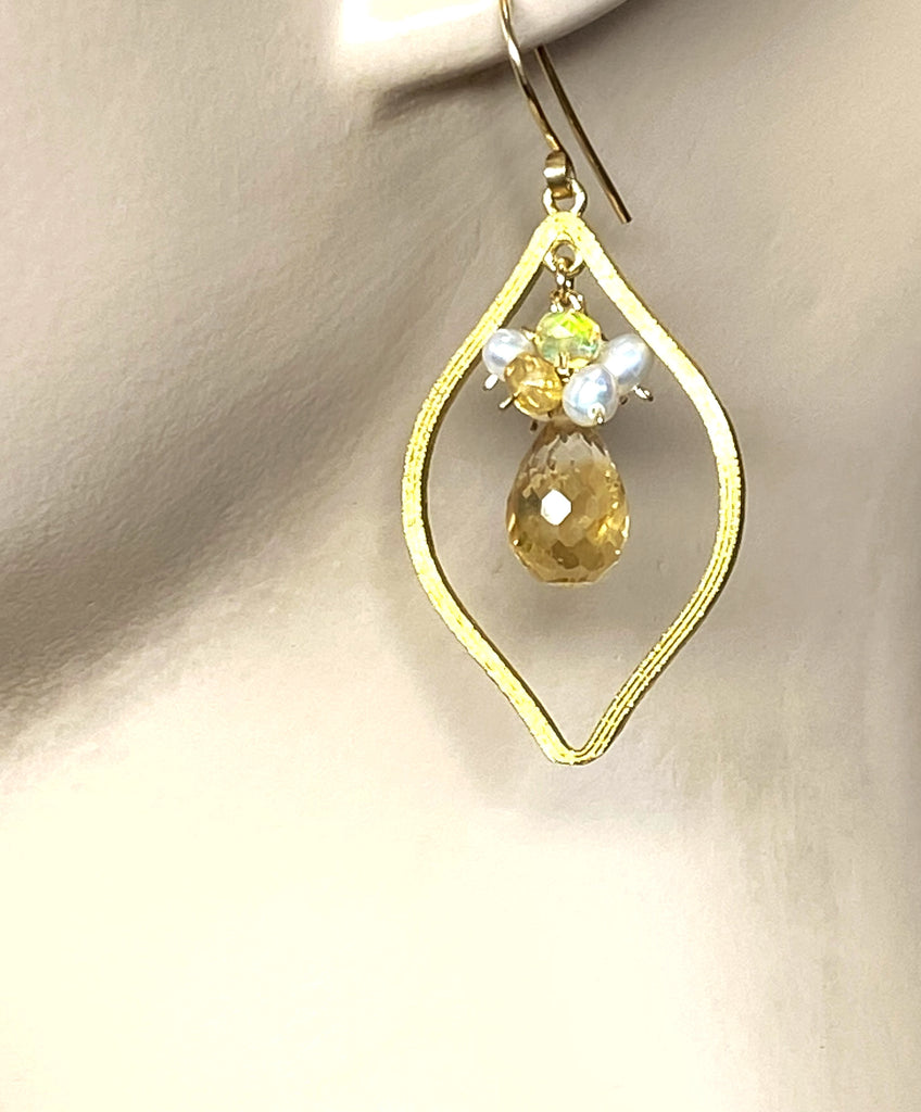 Citrine, Opal, Pearl Gold Hoop Earrings Post