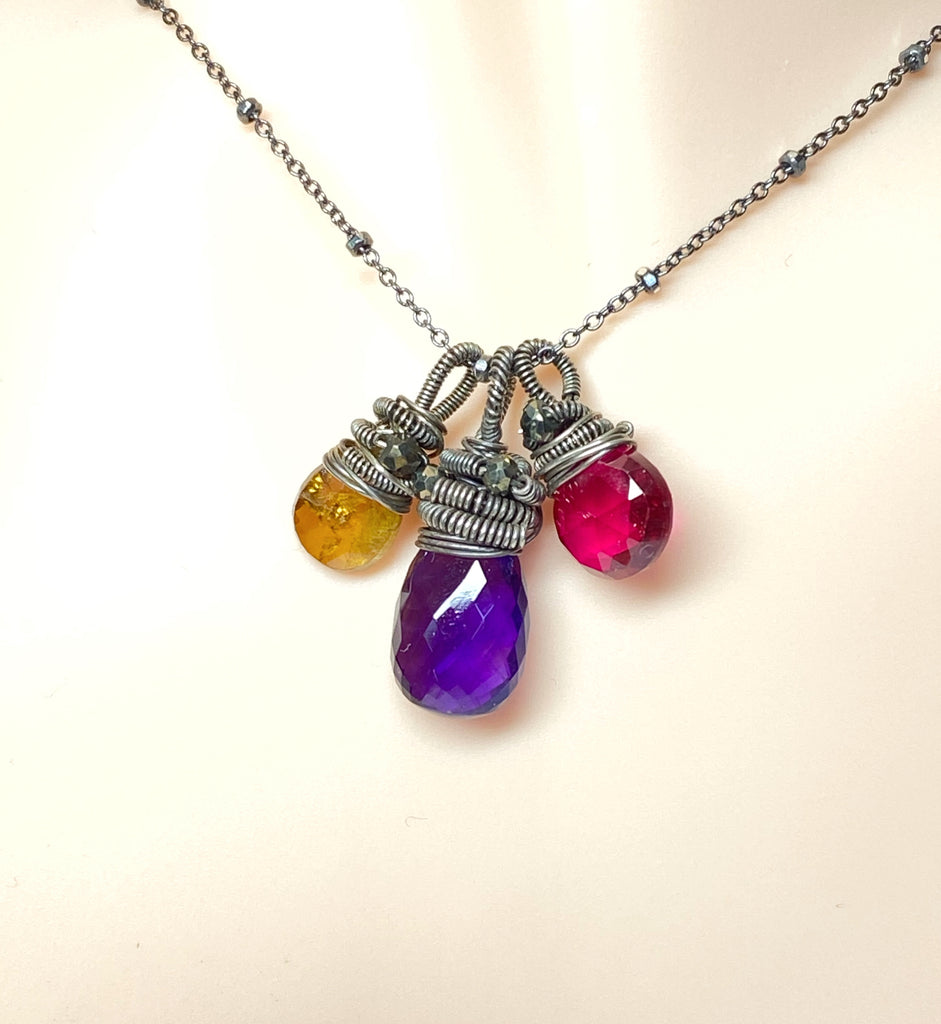 Amethyst, Red Topaz, Tourmaline Coiled Gemstone Pendant Necklace