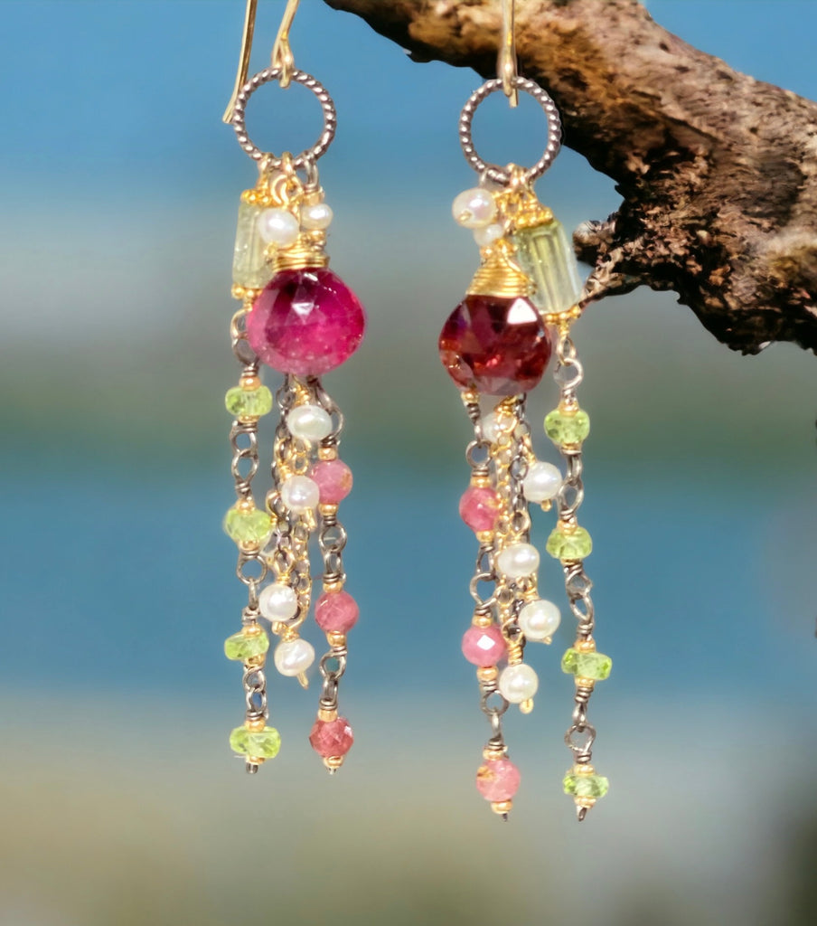 Pink tourmaline boho style dangle earrings in mixed metals of gold fill and oxidized sterling silver.