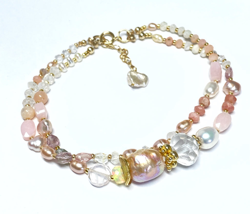 Pink Gemstone and Pearl Knotted Bracelet for Women