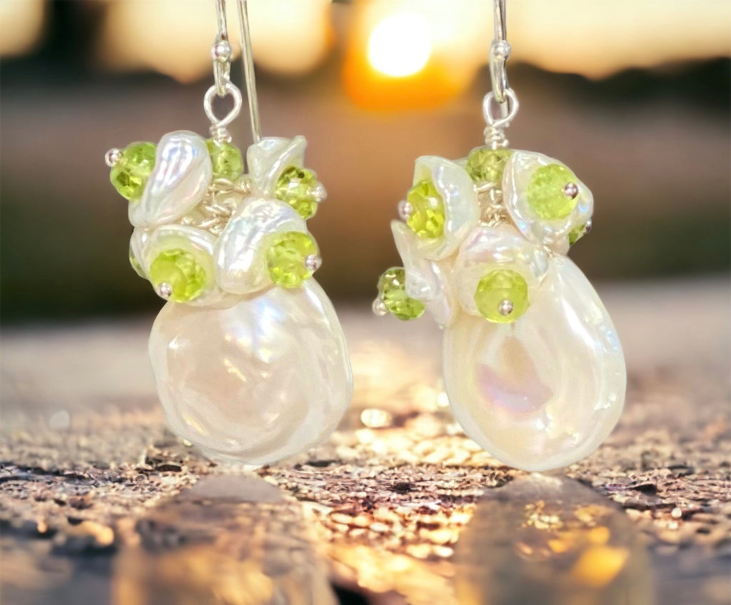 Keishi Pearl and Peridot Gemstone Cluster Earrings