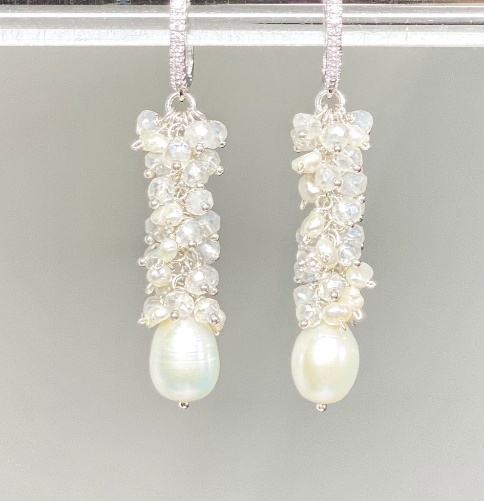 Long Mystic Quartz and Pearl Dangle Diamond Look Earrings - Doolittle