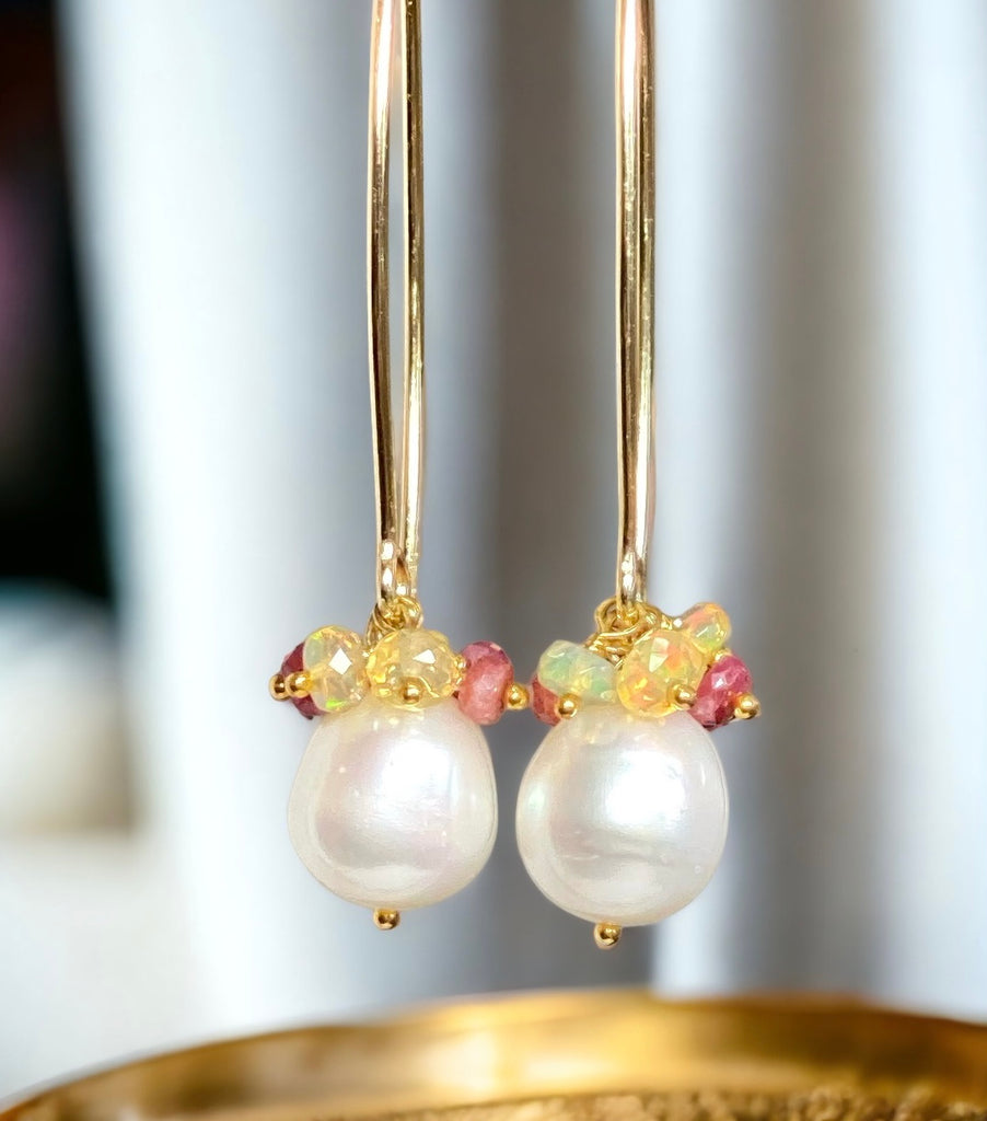 Ruby and Opal Cluster Long Pearl Earrings