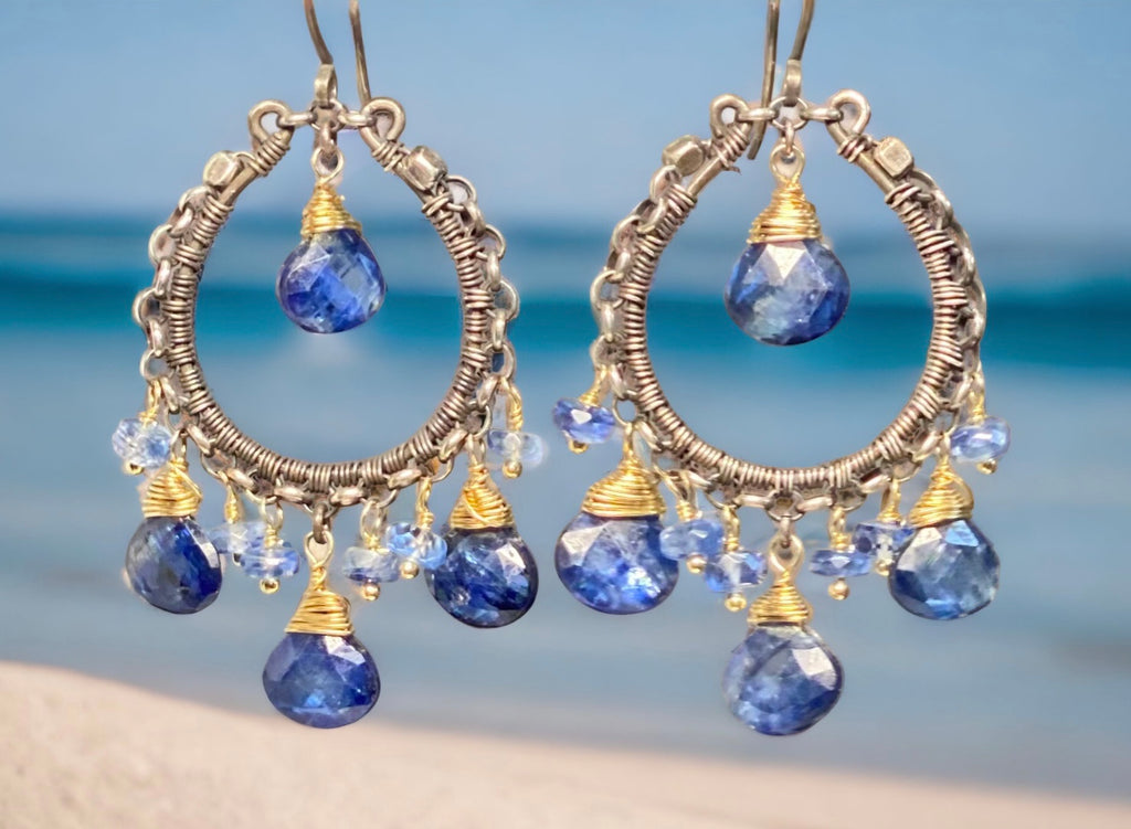 Blue Kyanite Gemstone Mixed Metal Hoop Earrings Gold Fill Oxidized Sterling Silver