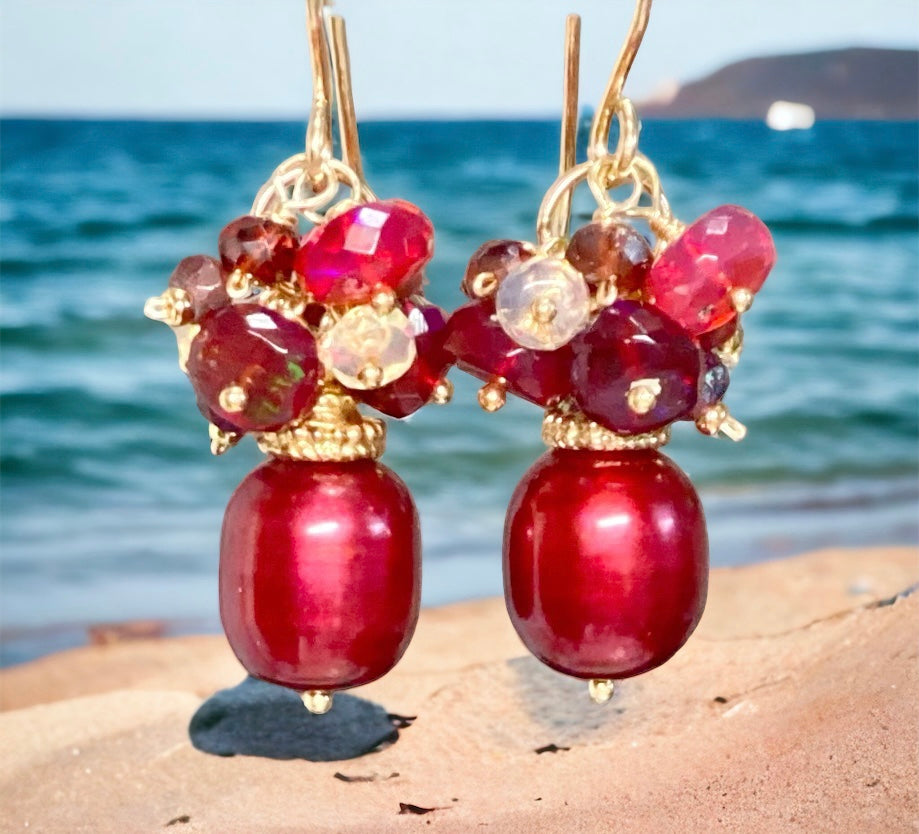 red pearl holiday earrings