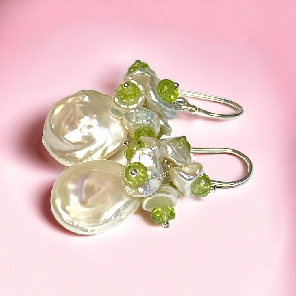 Keishi Pearl and Peridot Gemstone Cluster Earrings