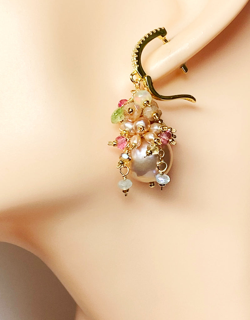 Pink Round Pearl and Gem Cluster Wedding Earrings with Tsavorite