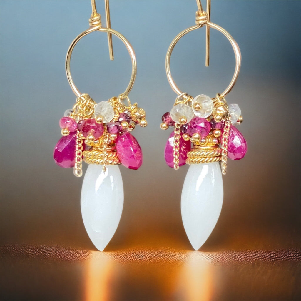 Red and White Gemstone Hoop earrings in 14 kt gold fill