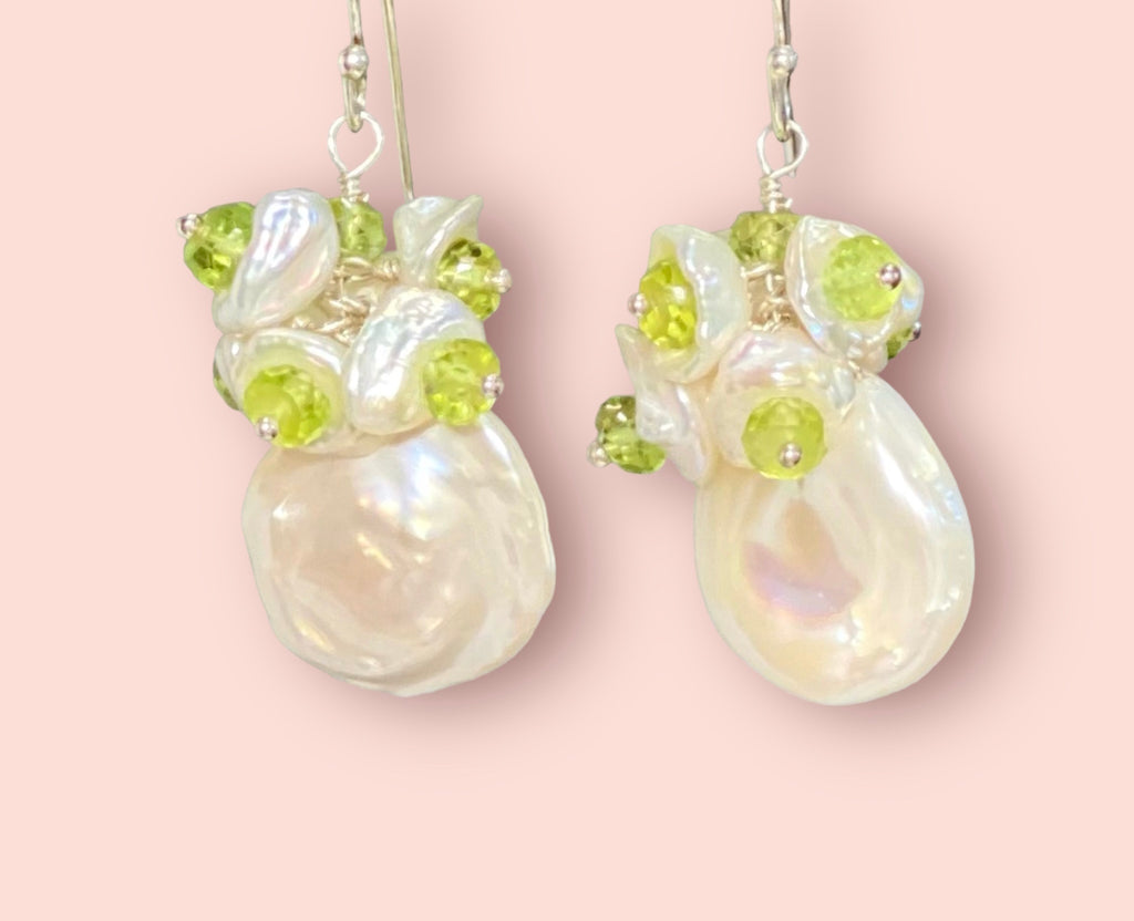 Keishi Pearl and Peridot Gemstone Cluster Earrings