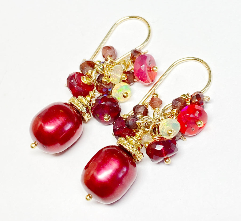 red pearl holiday party earrings