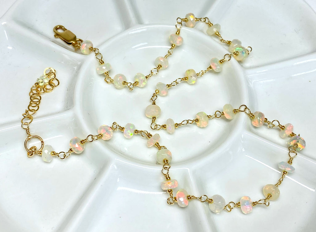 Ethiopian Opal AAAA Wire Wrap Rosary Chain Choker Necklace Gold Fill