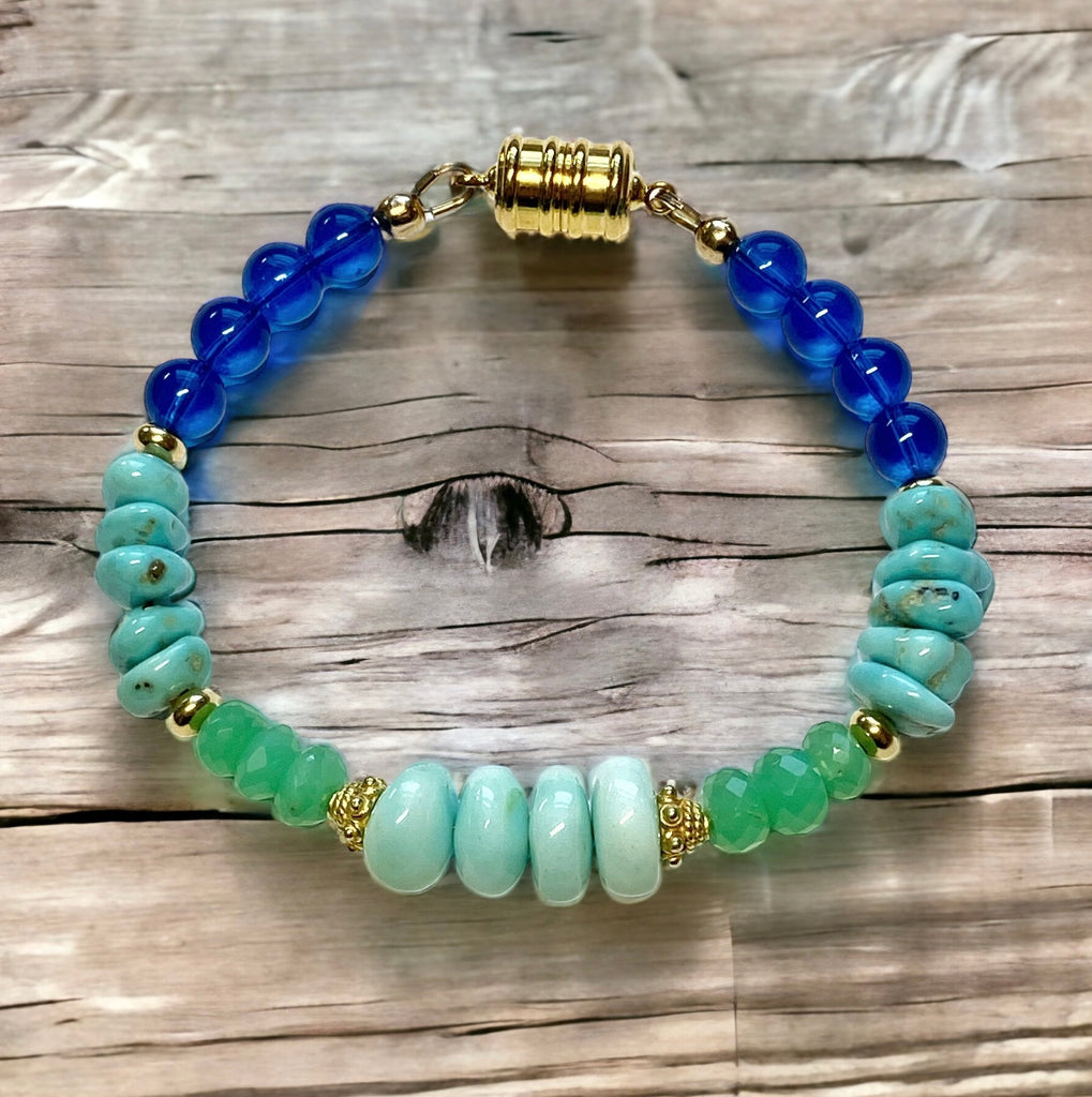 Turquoise Gemstone Bracelet, Chrysoprase Blue Opal Magnetic Clasp Bracelet
