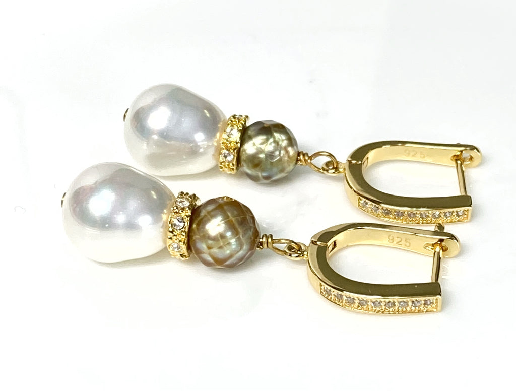 Gold Laser Faceted Pearl Earrings