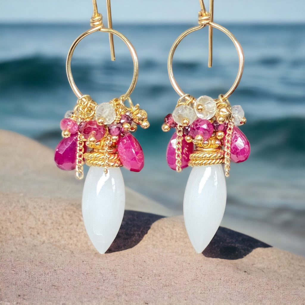 Ruby, moonstone, garnet hoop earrings in gold fill with white aventurine