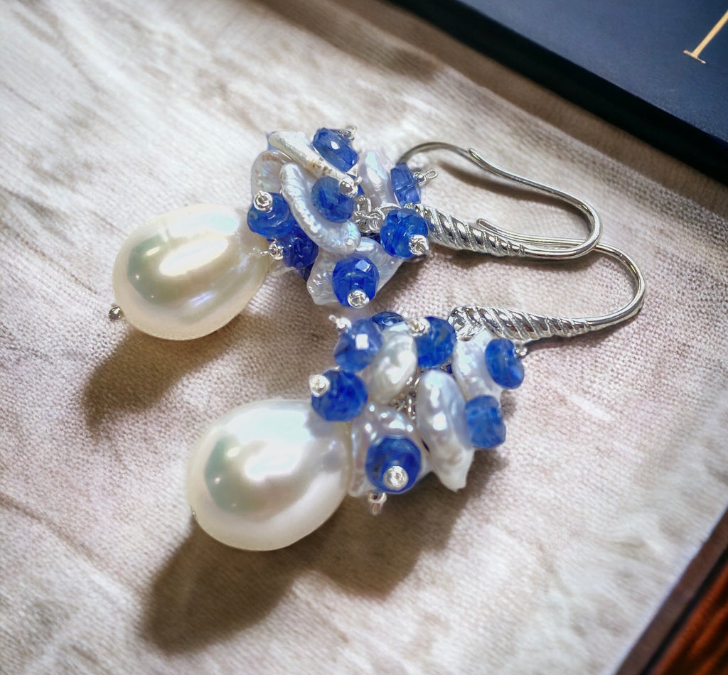 Pearl and Blue Gem Kyanite Cluster Earrings Sterling Silver