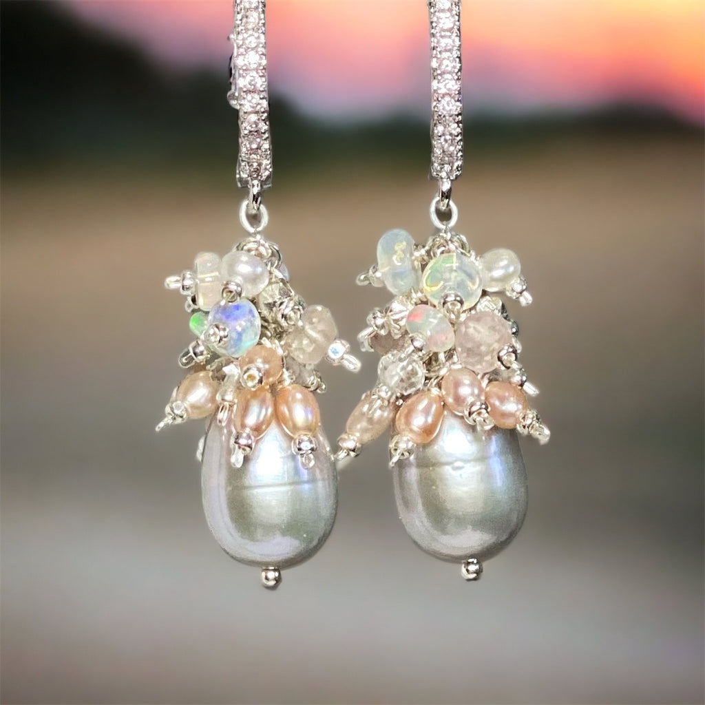Wedding guest earrings:  silver pearls with opals and pink pearl clusters in sterling silver