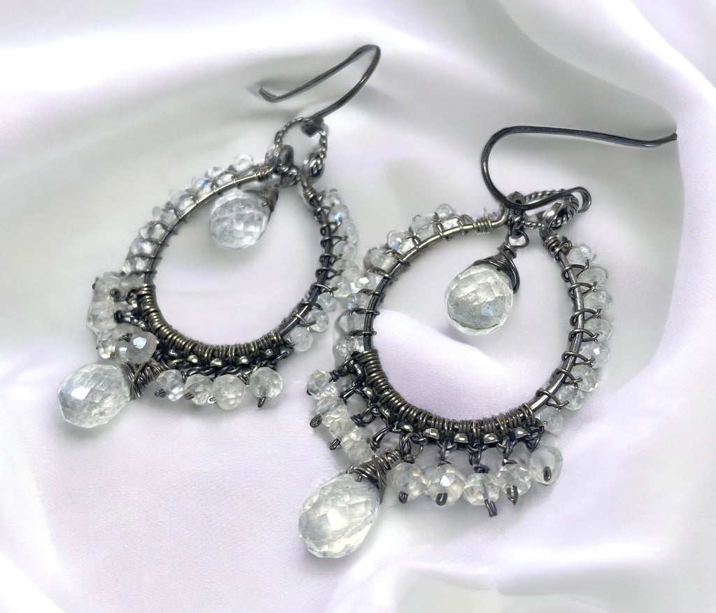 blush flash moonstone handmade hoop earrings