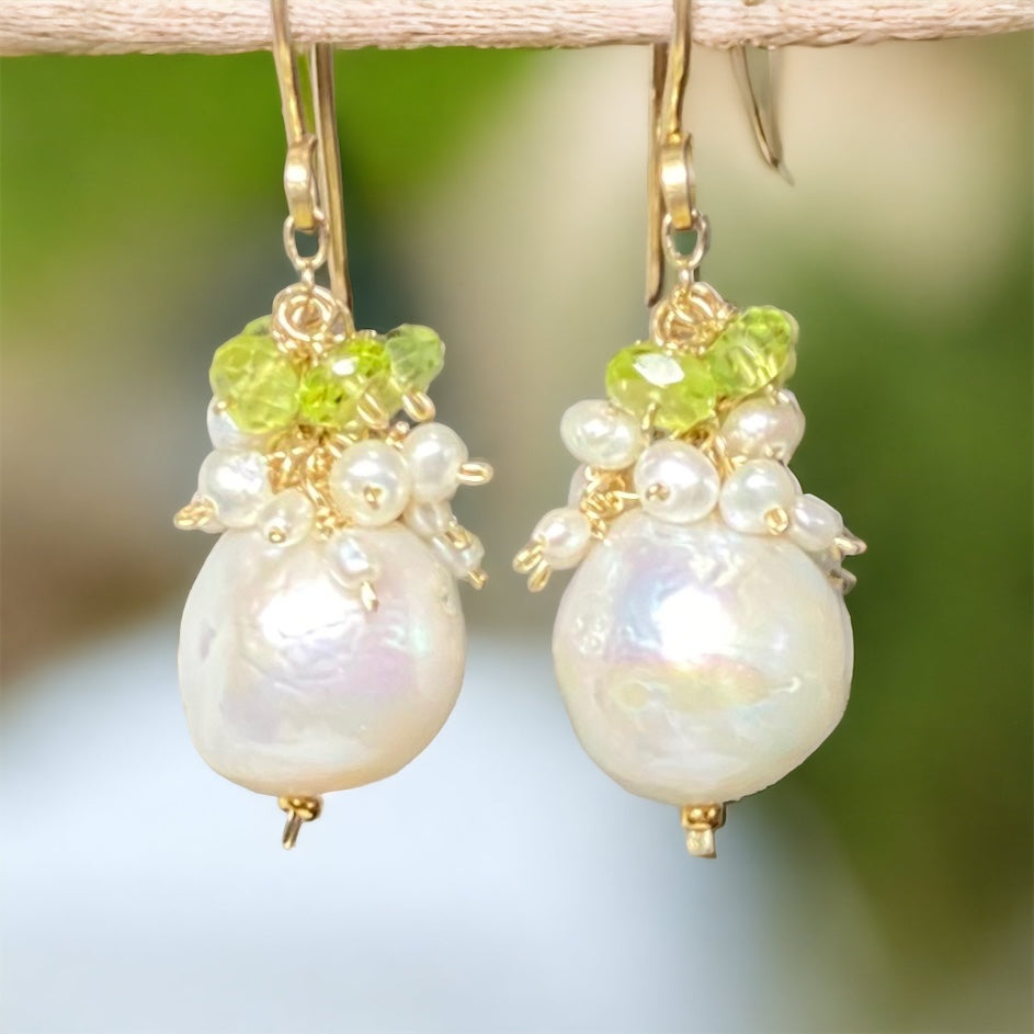 Peridot and Edison Pearl Cluster Earrings, Gold Fill, Rose Gold, Sterling Silver