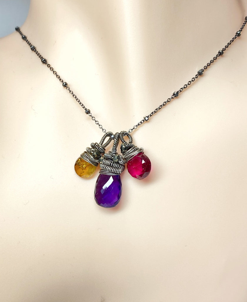 Amethyst, Red Topaz, Tourmaline Coiled Gemstone Pendant Necklace