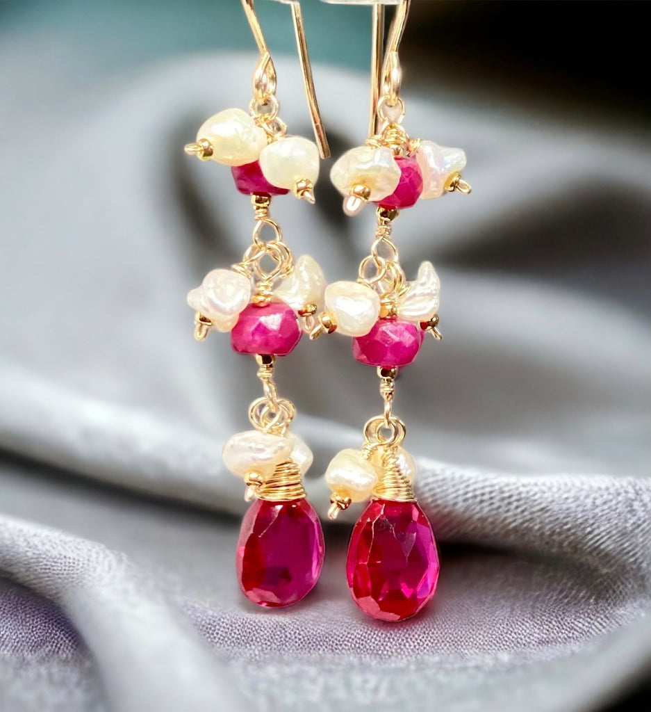 Ruby and pearl earrings, romantic gift for her